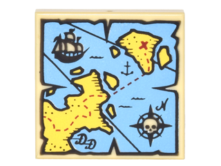 Tile 2 x 2 with Groove with Map Blue Water, Yellow (3068bpb0929)