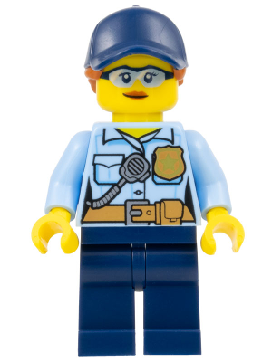 Police - City Officer Female, Bright Light Blue Shirt with Badge and Radio, Dark Blue Legs, Dark Blue Cap with Dark Orange Ponytail, Safety Glasses (cty1525)