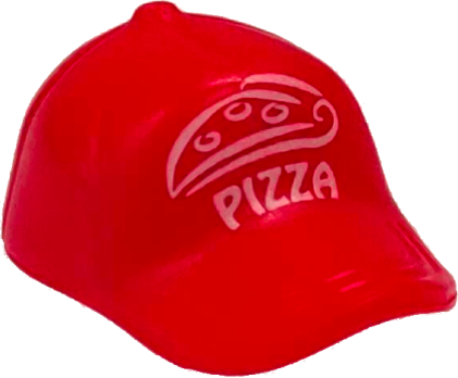 Minifigure, Headgear Cap - Short Curved Bill with Seams and Button on Top with White 'PIZZA' and Pizza Slice Pattern(93219pb07)