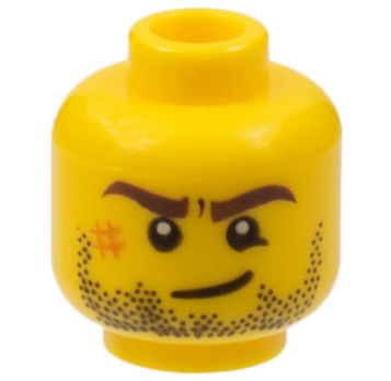 Minifigure, Head Dark Brown Eyebrows, Black Beard Stubble, Dark Orange Scuff Mark, Lopsided Smile Pattern - Hollow Stud (3626cpb0495)