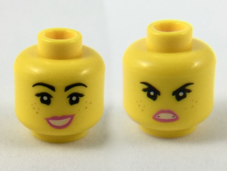 Minifigure, Head Dual Sided Female Black Eyebrows, Freckles, Eyelashes, Dark Pink Lips, Lopsided Open Mouth Smile with Wide Top / Angry Pattern (Lucy) - Hollow Stud (3626cpb2263)