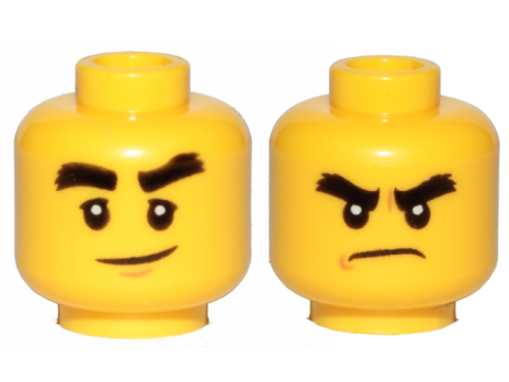 Minifigure, Head Dual Sided Black Bushy Eyebrows, Smile / Angry Pattern (Cole) - Hollow Stud (3626cpb1893)