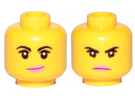 Minifigure, Head Dual Sided Female Black Eyebrows, Eyelashes, Medium Nougat Freckles, Dark Pink Lips, Lopsided Smile / Angry Pattern - Hollow Stud (3626cpb2271)