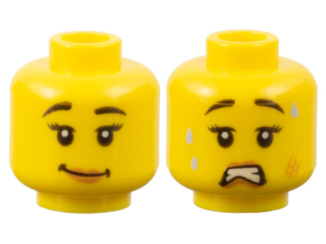 Minifigure, Head Dual Sided Female Black Eyebrows, Eyelashes, Medium Nougat Lips, Lopsided Grin / Scared Open Mouth with Teeth, Sweat, and Scuff Mark Pattern - Hollow Stud (3626cpb1842)