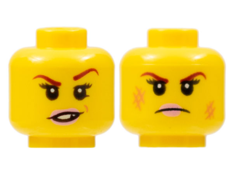 Minifigure, Head Dual Sided Female Dark Red Eyebrows, Pink Lips, Frown, Scratches / Eyebrow Raised, Chipped Toothed Smirk Pattern - Hollow Stud (3626cpb1503)