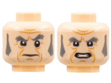 Minifigure, Head Dual Sided Dark Bluish Gray Eyebrows and Sideburns, Cheek Lines, Frown / Mouth with Teeth Pattern - Hollow Stud (3626cpb2254)