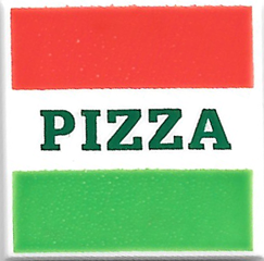 Tile 2 x 2 with Red and Green Stripes and Dark Green 'PIZZA' Pattern (Pizza Box) (3068pb1045)