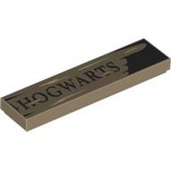 Tile 1 x 4 with Black 'HOGWARTS' Sign with Tan Wood Grain Pattern(2431pb843)