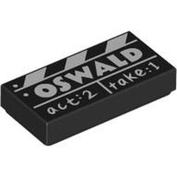 Tile 1 x 2 with Film Slate with White 'OSWALD' and 'act:2 take:1' Pattern (3069pb1162)
