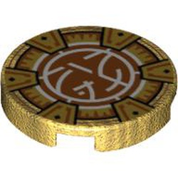 Tile, Round 2 x 2 with Bottom Stud Holder with Gold Frame with 6 Chevrons, Dark Orange and White Core Logo Pattern (14769pb501)