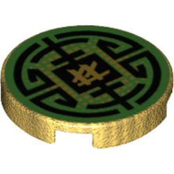Tile, Round 2 x 2 with Bottom Stud Holder with Black Circular Lines and Gold Squares on Green Background, Ninjago Logogram 'LL' Pattern (14769pb206)